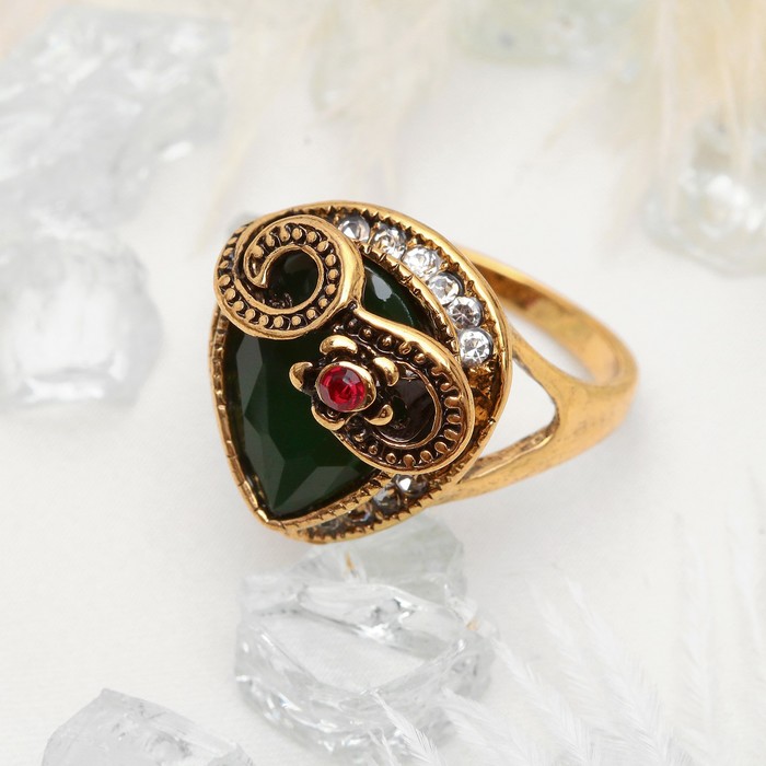 Кольцо "Царское" капля в завитках, цветное в чернёном золоте, размер 17,18,19 МИКС