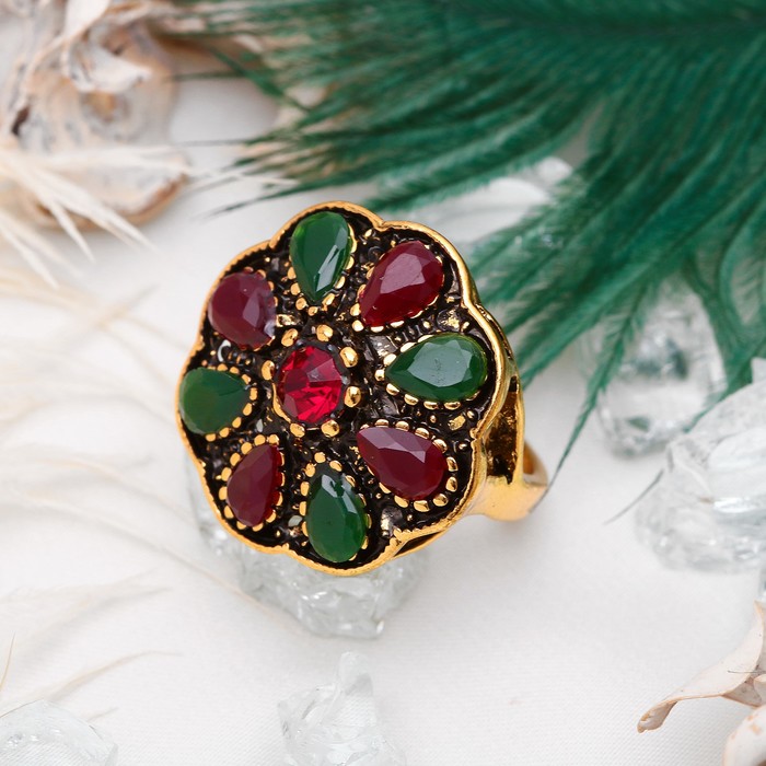 Кольцо "Цветок" винтаж, цвет красно-зеленый в чернёном золоте, размер 17,18,19 микс