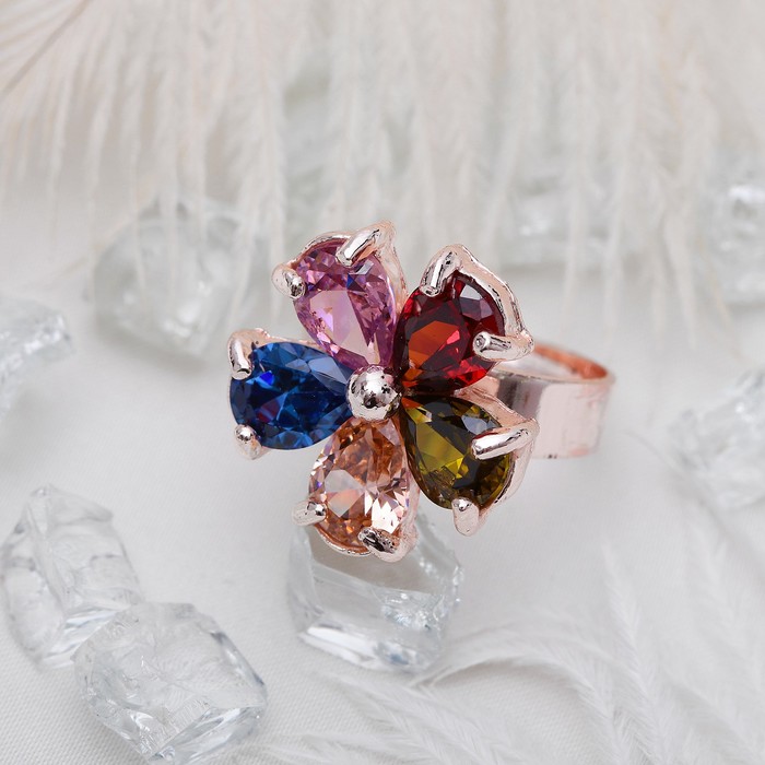 Кольцо "Циркон" цветок, радуга, цветное в золоте, безразмерное