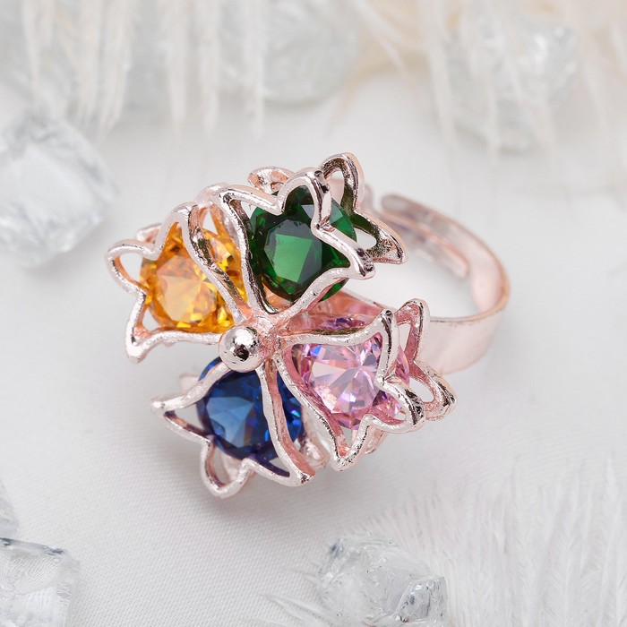 Кольцо "Циркон" цветок, лилия радужная, цветное в золоте, безразмерное