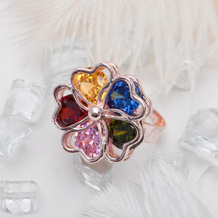 Кольцо "Циркон" цветок, скромный радужный, цветное в золоте, безразмерное