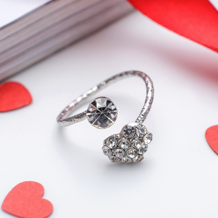 Кольцо на фалангу "Сердечко", цвет белый в серебре, безразмерное