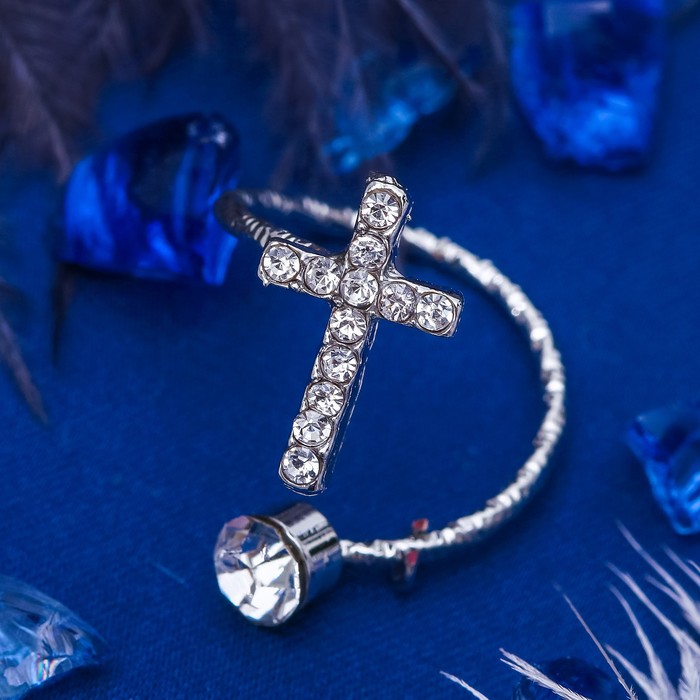 Кольцо на фалангу "Крестик", цвет белый в серебре, безразмерное