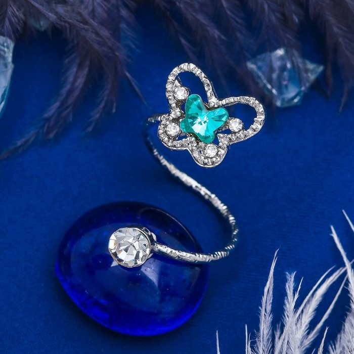 Кольцо на фалангу "Бабочка", цвет бело-голубой в серебре, безразмерное