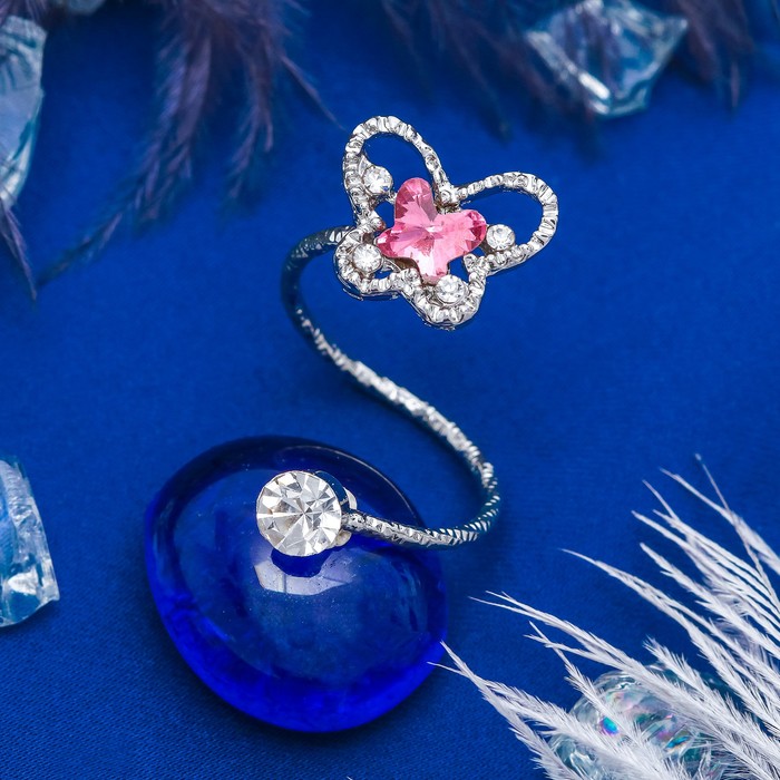 Кольцо на фалангу "Бабочка", цвет бело-розовый в серебре, безразмерное