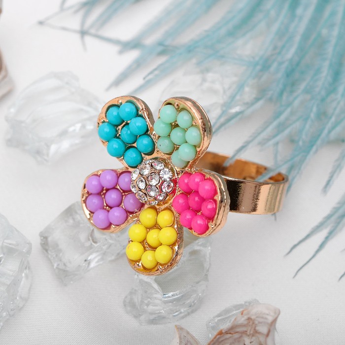 Кольцо "Витаминка", форма цветок, цветное в золоте, безразмерное