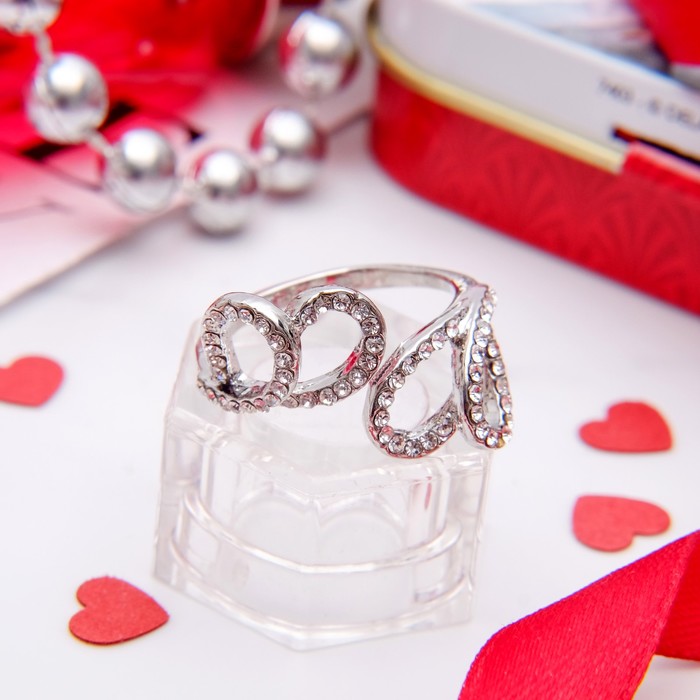 Кольцо "Сердечки" цвет белый в серебре, безразмерное
