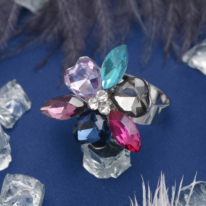 Кольцо "Цветок" восторг, цветное в серебре, безразмерное