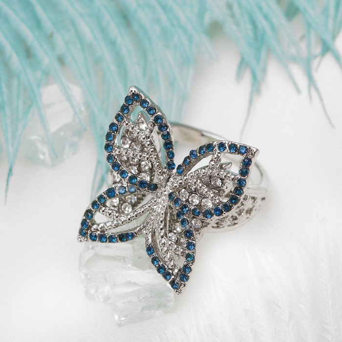 Кольцо "Бабочка" ажурная, цвет бело-синий в серебре, размер 17, 18, 19 МИКС