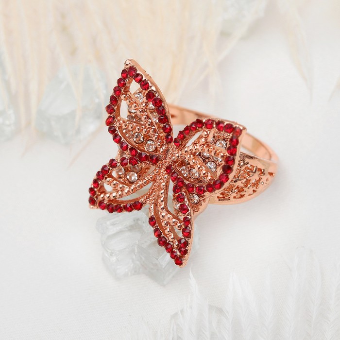 Кольцо "Бабочка" ажурная, цвет бело-красный в золоте, размер 17, 18, 19 МИКС