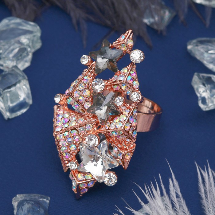 Кольцо "Абстракция" в звездах, цвет радужно-серый в золоте, безразмерное