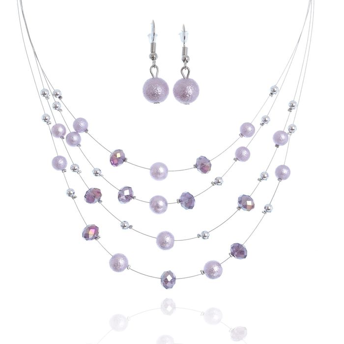 Набор 2 предмета: серьги, бусы 3 нити "Воздушный рай", цвет сиреневый в серебре