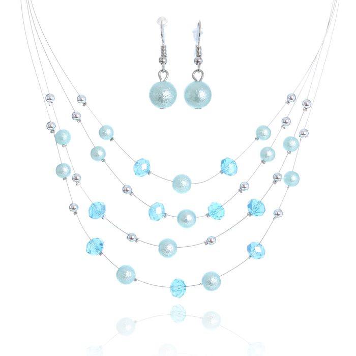 Набор 2 предмета: серьги, бусы 3 нити "Воздушный рай", цвет бирюзово-голубой в серебре