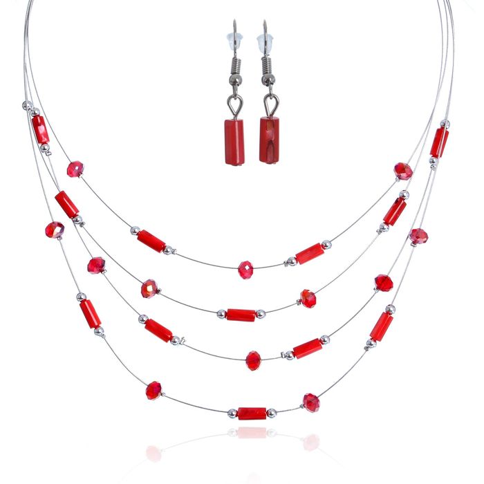 Набор 2 предмета: серьги, бусы 4 нити "Воздушный рай" ирис, цвет коралловый в серебре