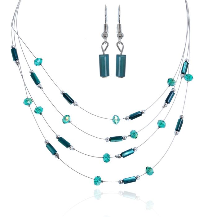Набор 2 предмета: серьги, бусы 4 нити "Воздушный рай" ирис, цвет морской волны в серебре