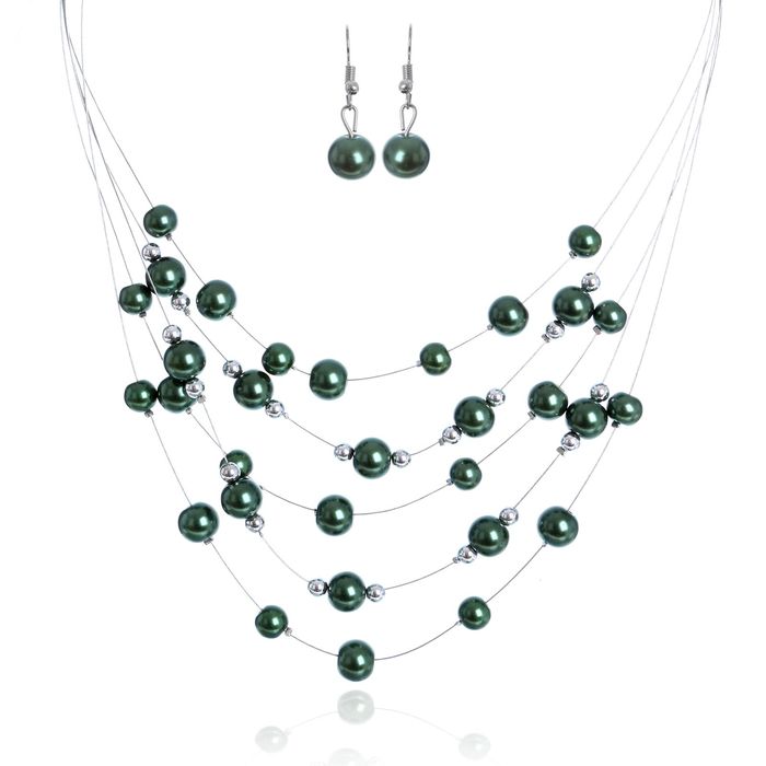 Набор 2 предмета: серьги, бусы 5 нитей "Воздушный рай" шар, цвет зеленый в серебре