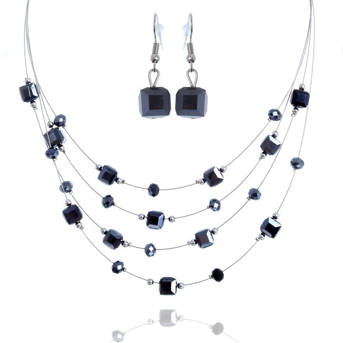 Набор 2 предмета: серьги, бусы 4 нити "Воздушный рай" многогранник, цвет антрацитовый в серебре