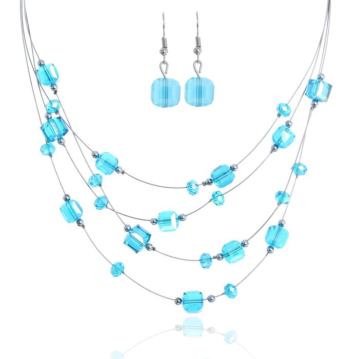 Набор 2 предмета: серьги, бусы 4 нити "Воздушный рай" многогранник, цвет небесно-голубой в серебре