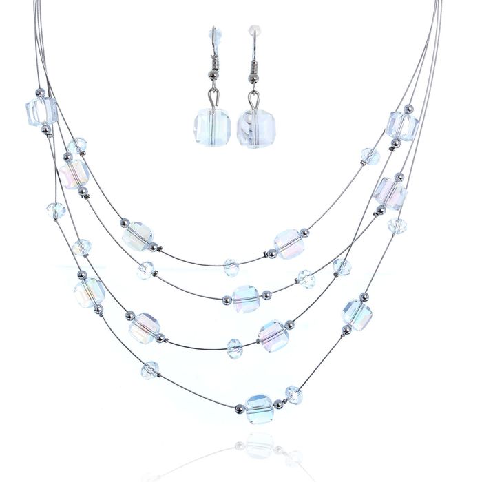 Набор 2 предмета: серьги, бусы 4 нити "Воздушный рай" многогранник, цвет белый в серебре