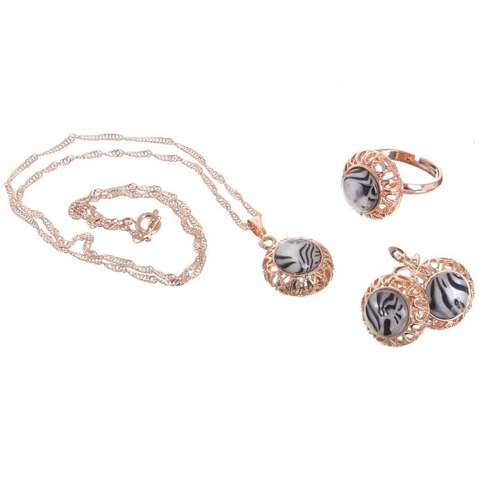Гарнитур 3 предмета: серьги, кулон, кольцо безразмерное "Эдель" круг, цвет бело-чёрный в золоте, 45см