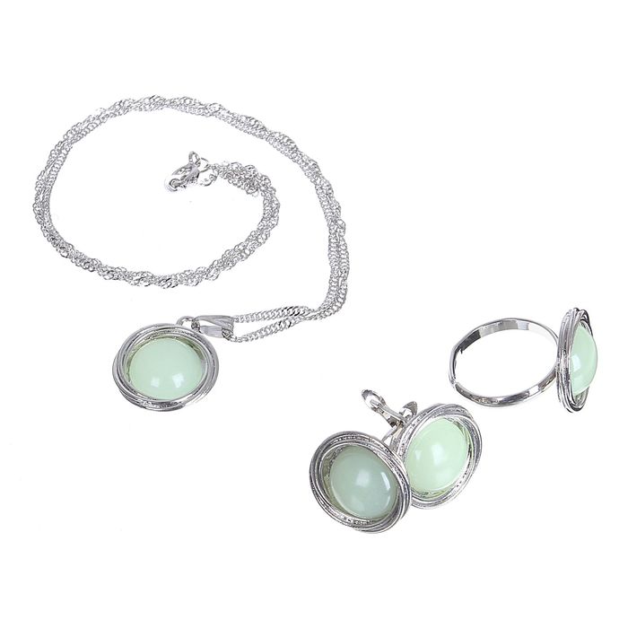 Гарнитур 3 предмета: серьги, кулон, кольцо безразмерное "Эдель" круг, цвет зелёный в серебре