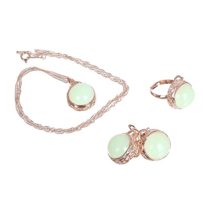 Гарнитур 3 предмета: серьги, кулон, кольцо безразмерное "Эдель" круг, цвет светло-зелёный в золоте
