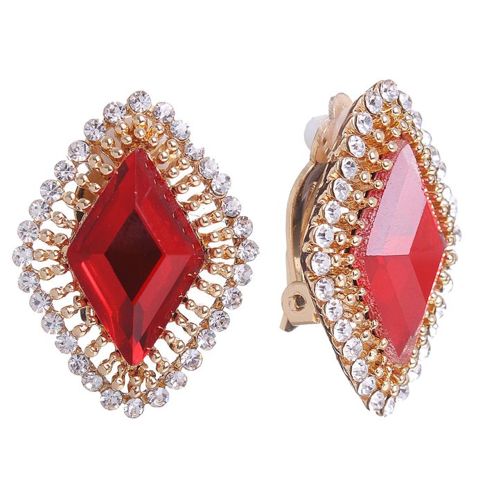 Клипсы "Элегия" ромб, цвет красно-белый в золоте