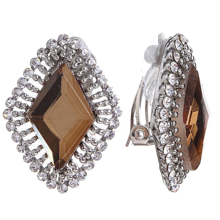 Клипсы "Элегия" ромб, цвет коричнево-белый в серебре