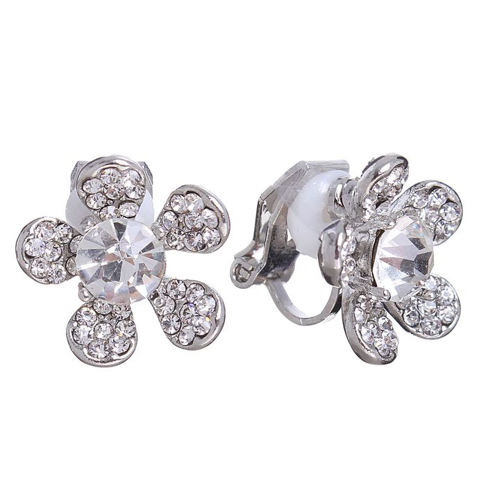 Клипсы "Цветочек", цвет белый в серебре