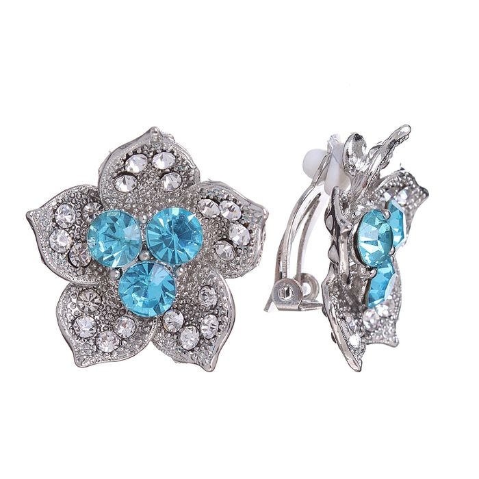 Клипсы "Цветок" нарцисс, цвет голубой в серебре