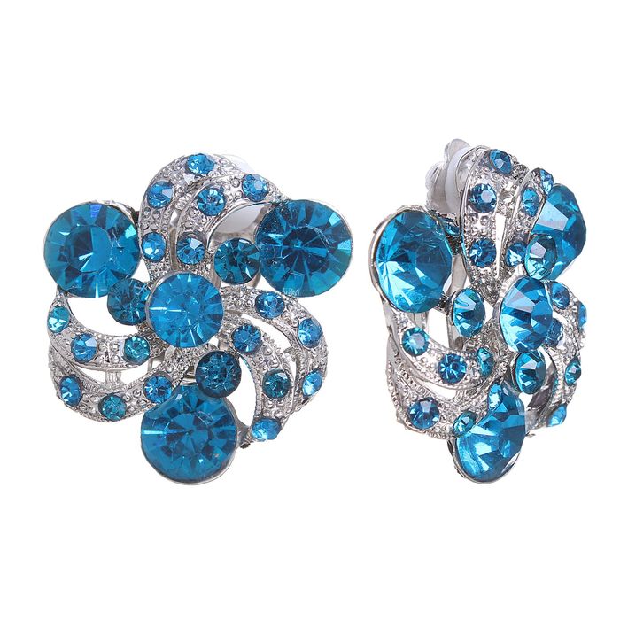 Клипсы "Цветок" пион, цвет голубой в серебре