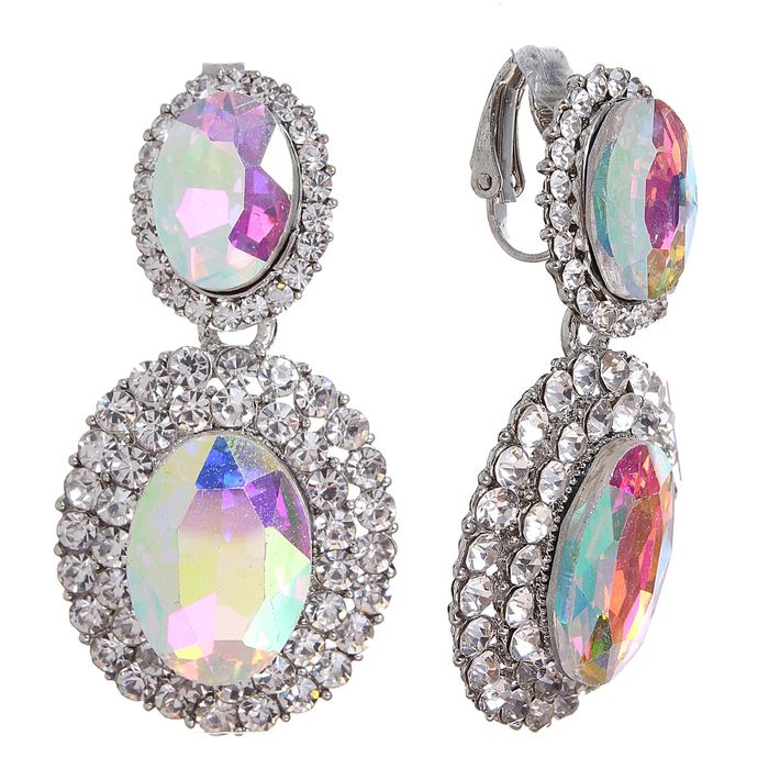Клипсы "Торжество" овал, цвет радужно-белый в серебре