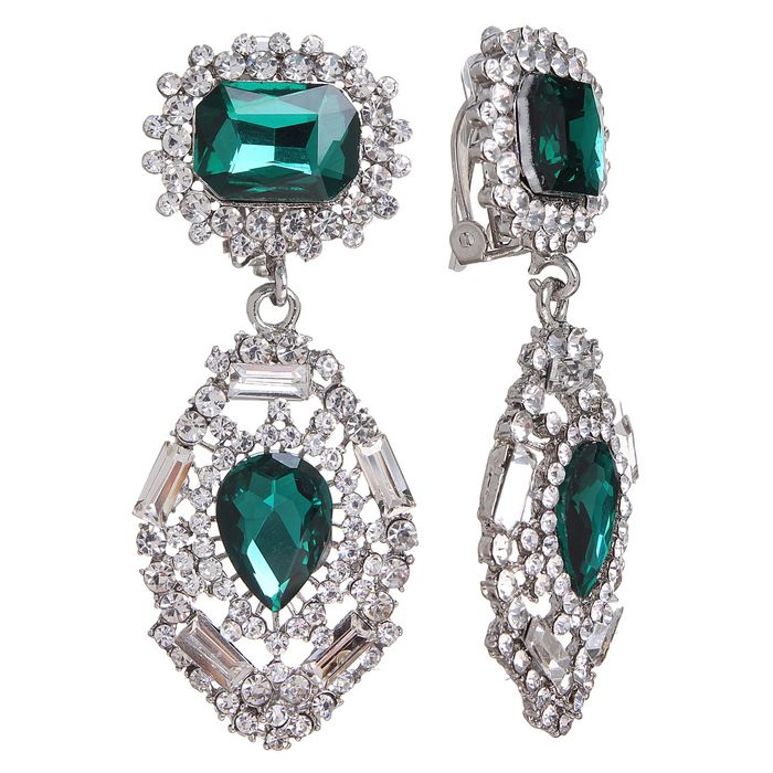 Клипсы "Мадемуазель", цвет зелено-белый в серебре