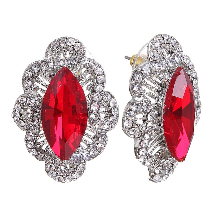 Серьги со стразами "Элегия" овальный цветочек, цвет красно-белый в серебре