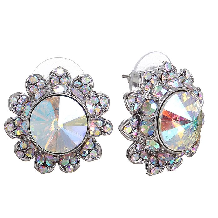 Серьги со стразами "Элегия" цветок, цвет радужный в серебре