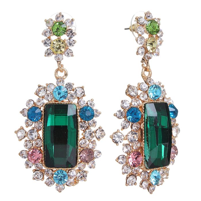 Серьги висячие со стразами "Мадемуазель" прямоугольник, цветной в золоте