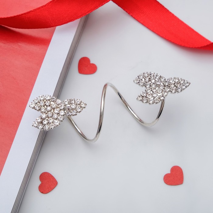 Кольцо "1000 и 1 ночь" сердце дуэт, цвет белый в серебре, безразмерное