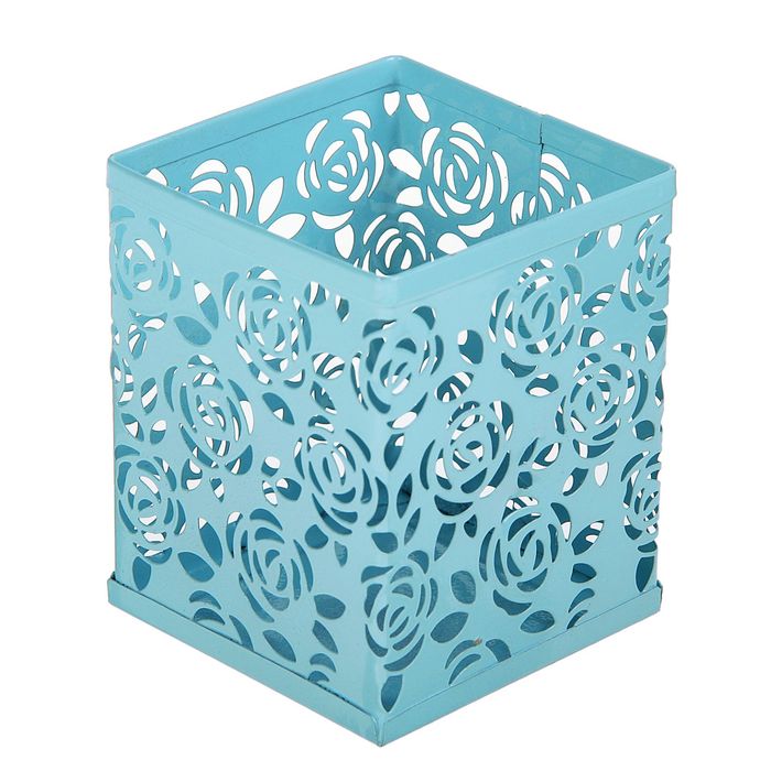 Стакан для пишущих принадлежностей квадратный узор металл голубой