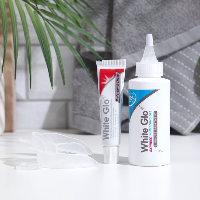 

Система экспресс-отбеливания White Glo: гель, 100 мл + зубная паста, 24 г + накладки для зубов, 2 шт.