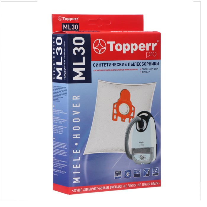 Синтетический пылесборник Topperr ML 30 для пылесосов Miele, Hoover, 4 шт. + 1 фильтр пылесборники синтетические topperr ml 40 fjm 3d для пылесосов miele 4 штуки 2 универсальных фильтра для пылесосов miele 1438