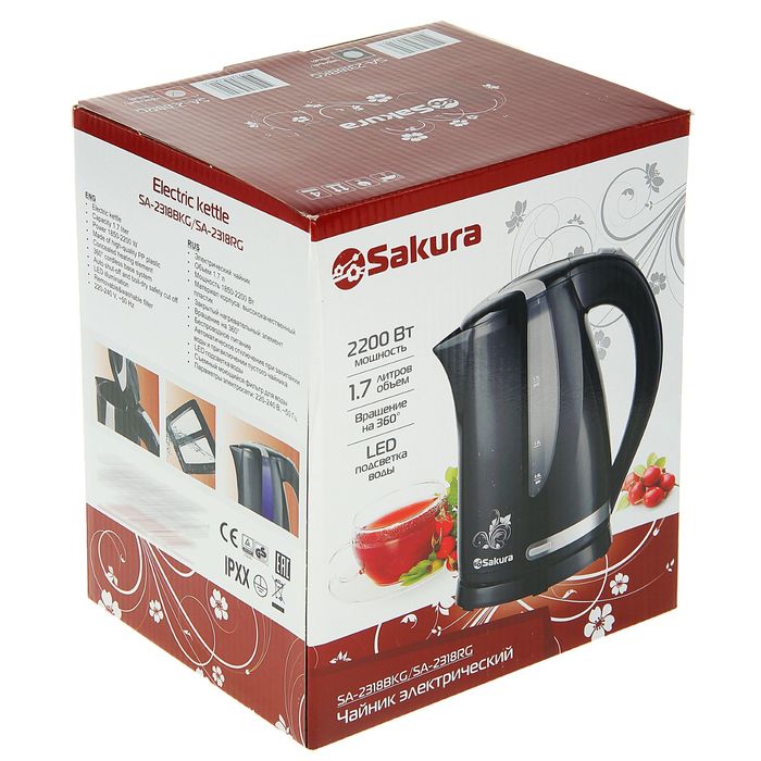 Чайник электрический Sakura SA-2318RG, 1.7 л, 2200Вт., красно-серый