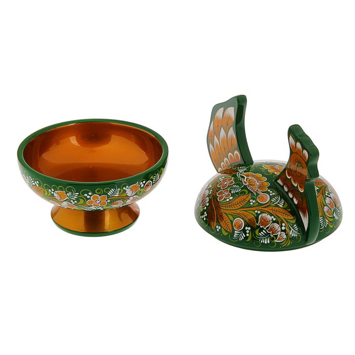 Конфетница «Курочка», хохлома, зелёная, люкс