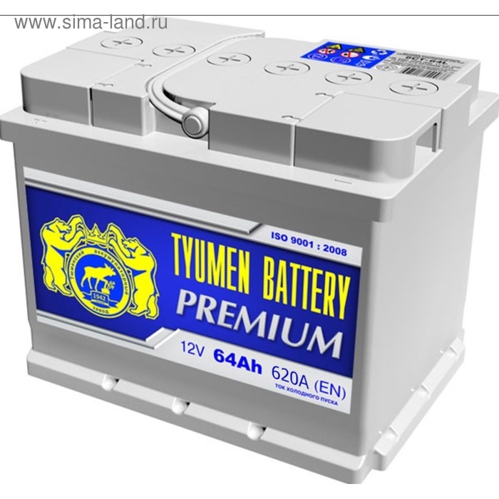 Аккумуляторная батарея Тюмень 64 Ач, обратная полярность 6СТ-64L, Premium