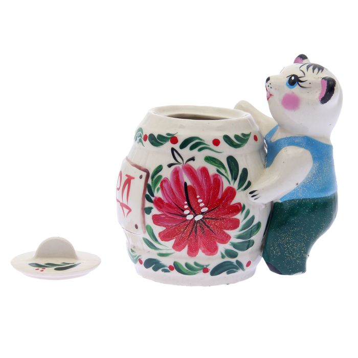 Медовница "Медведь с бочкой" большая, белая, с цветком, 700 мл