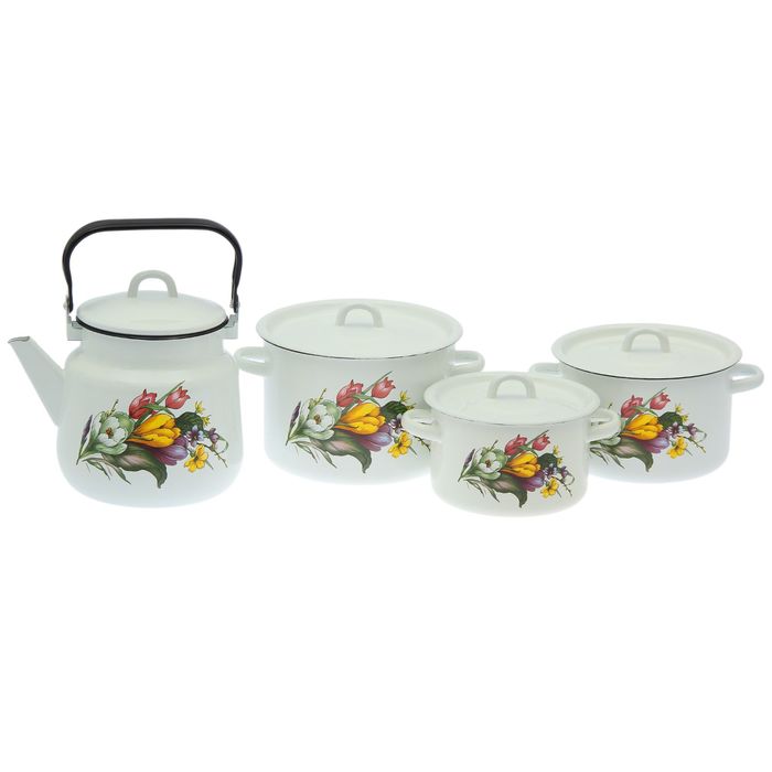 Набор "Кухонный. Крокусы", 4 предмета: кастрюли 2 л, 3 л, 4,5 л; чайник 3,5 л
