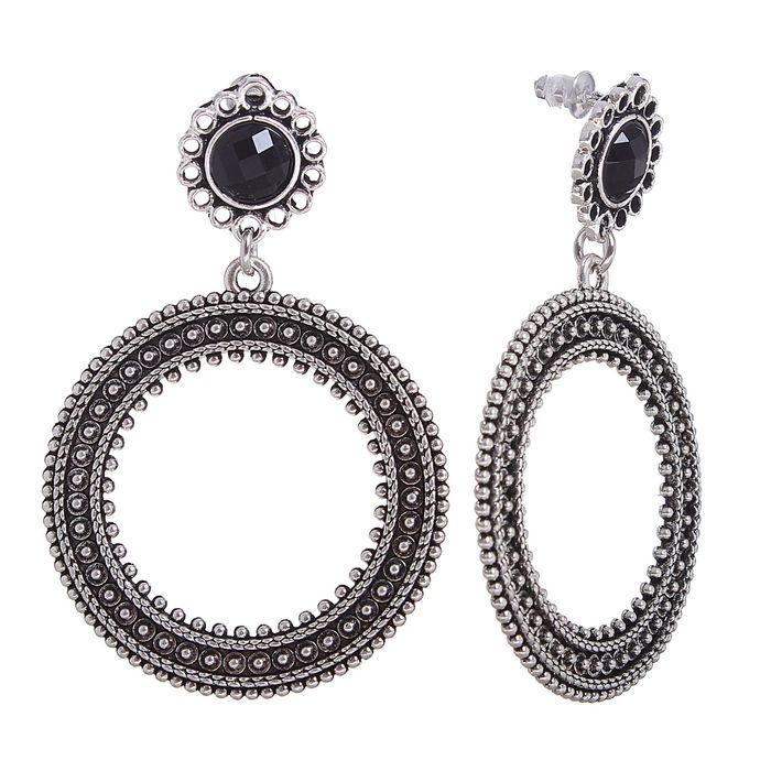 Серьги висячие "Круг" мотивы этники, цвет черненое серебро