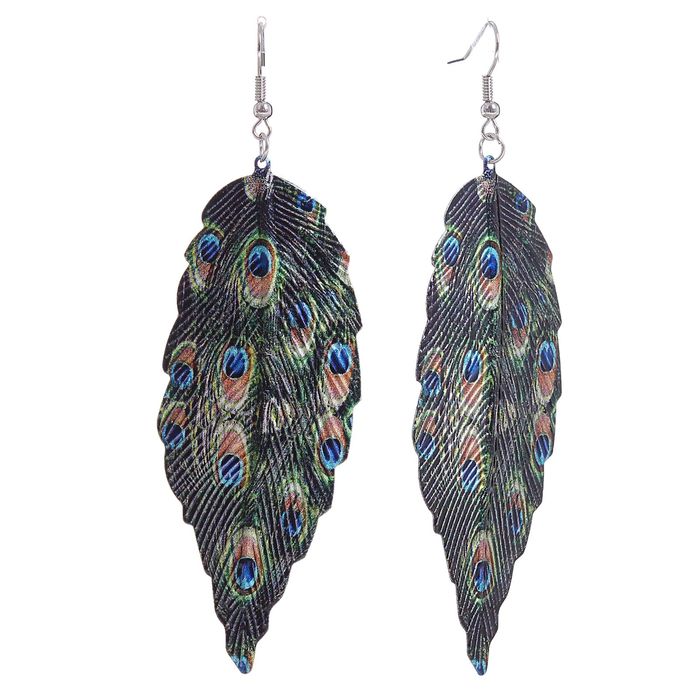 Серьги висячие "Перо павлина", цветной в серебре