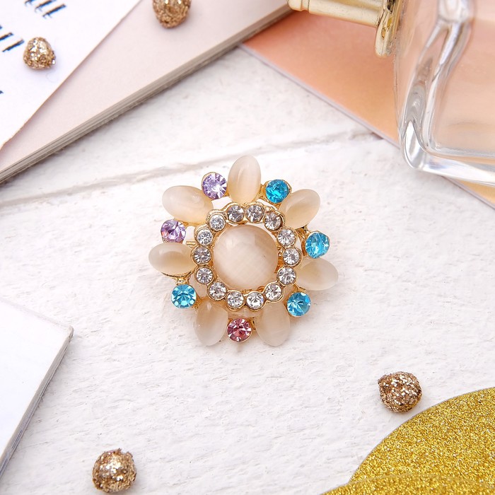 Брошь "Цветок" кошачий глаз, цветная в золоте