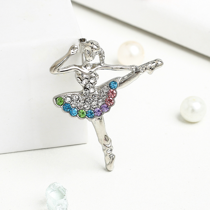 Брошь "Балерина" в танце, цветная в серебре