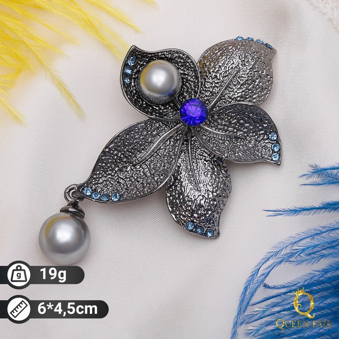 Брошь «Цветок» орхидея с жемчугом, цвет серо-синий в чернёном серебре